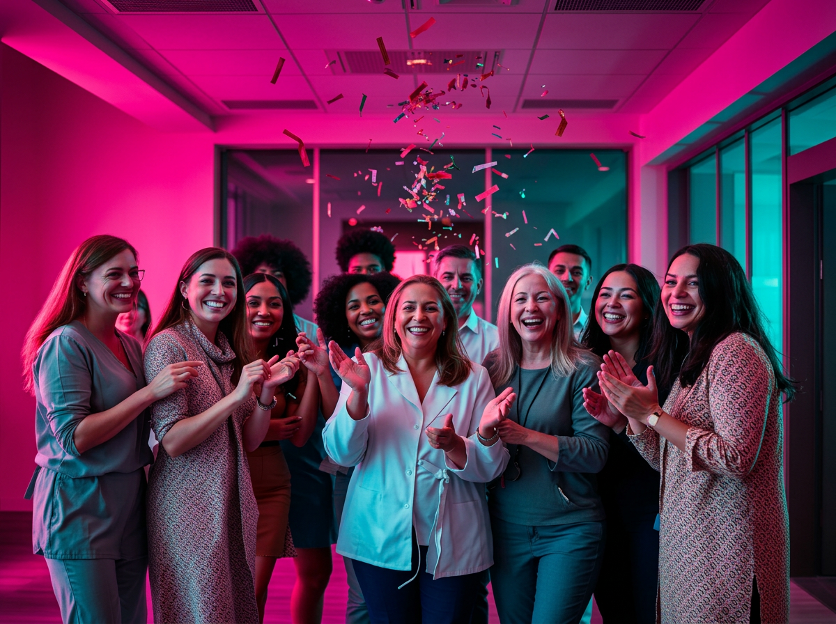 Clinic staff and clients celebrating together with confetti in a bright lobby