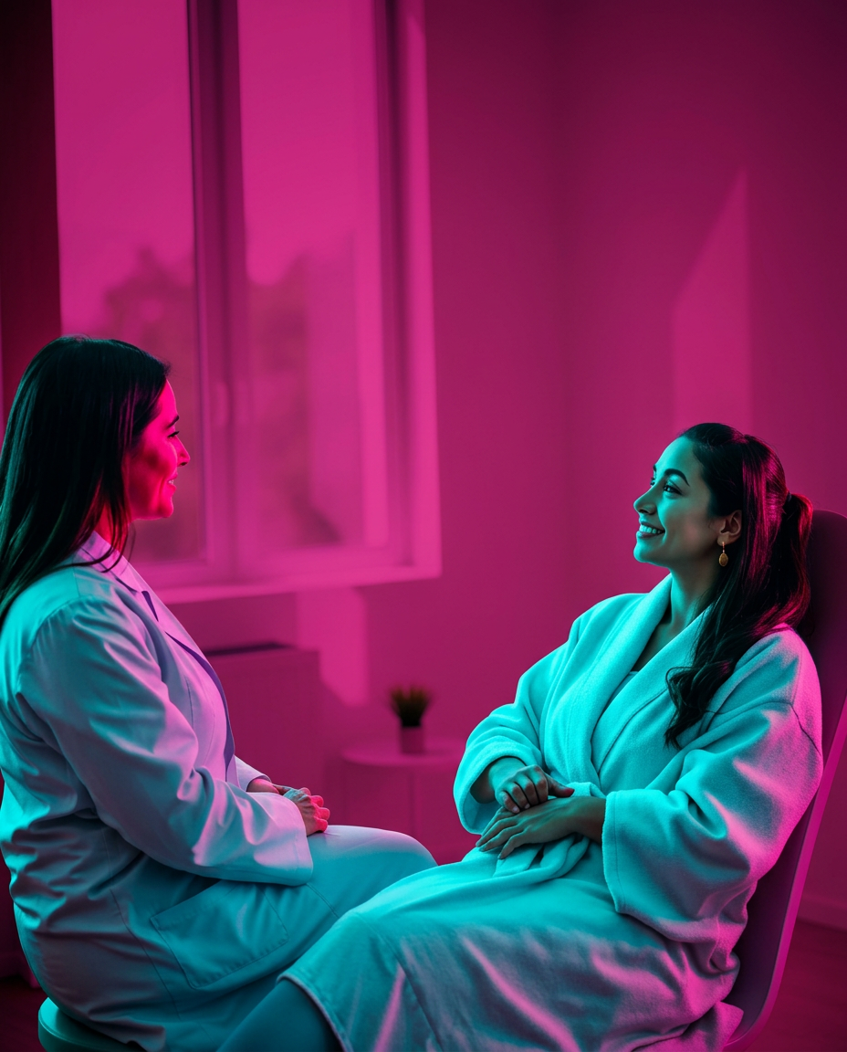 A wellness clinic consultant in a white coat talking with a client in a spa robe inside a bright treatment room