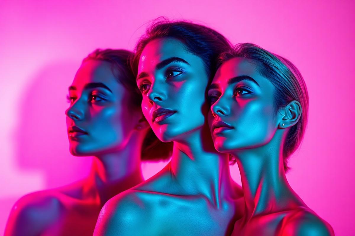 Three clients in profile lit by magenta and cyan light in a modern wellness studio