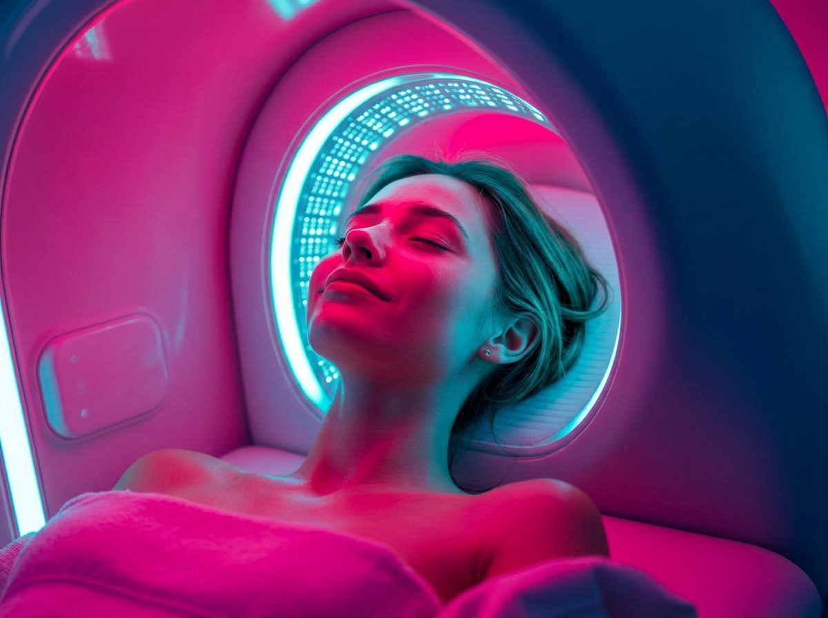 A client relaxing inside a red light therapy bed at a wellness clinic